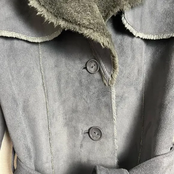 Balmain Authentic Gray Faux Fur Lined Faux Suede Belted Winter Coat Size Small